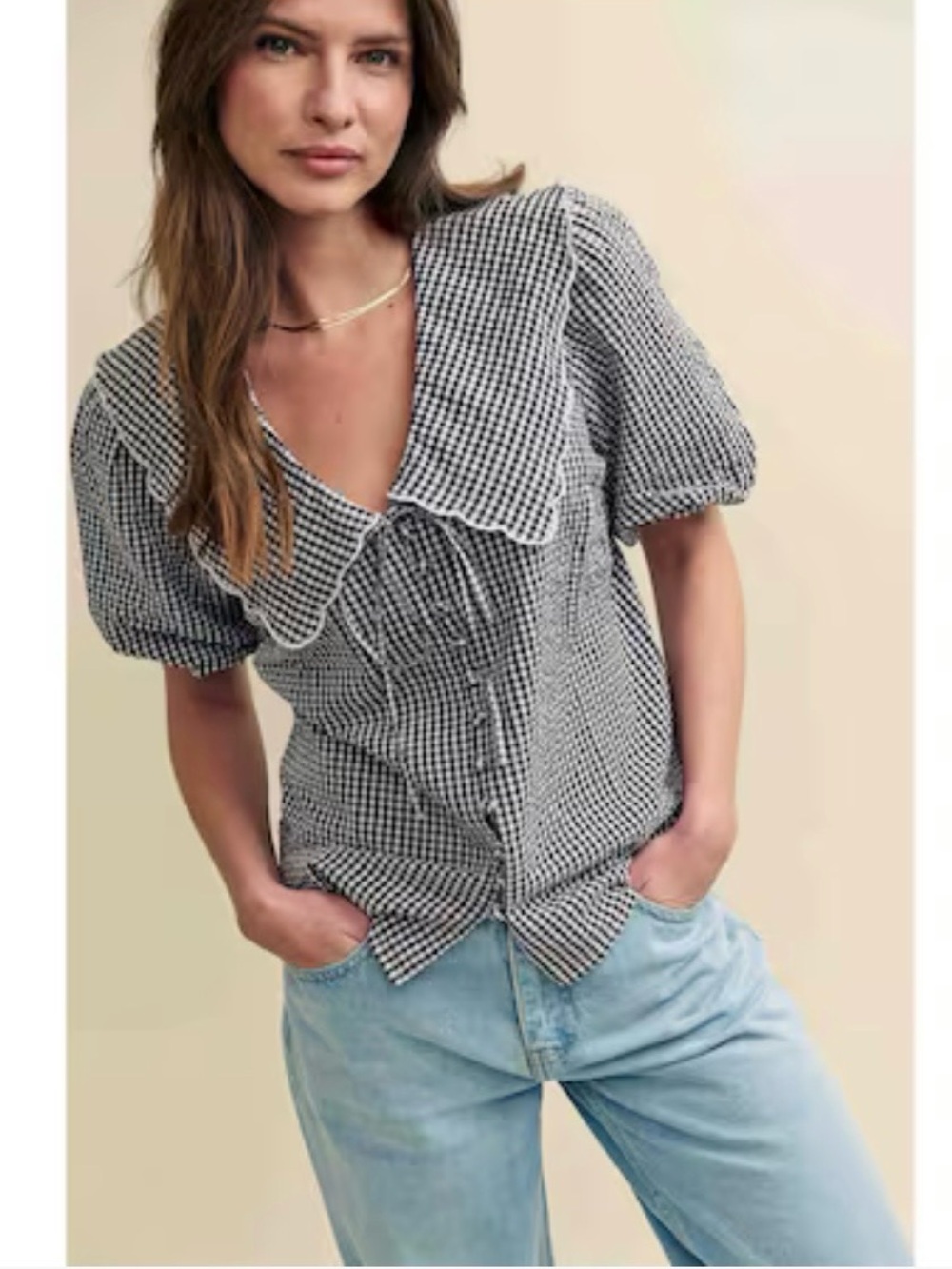 Gingham Puff-Sleeve Button-Front Blouse - Black/White